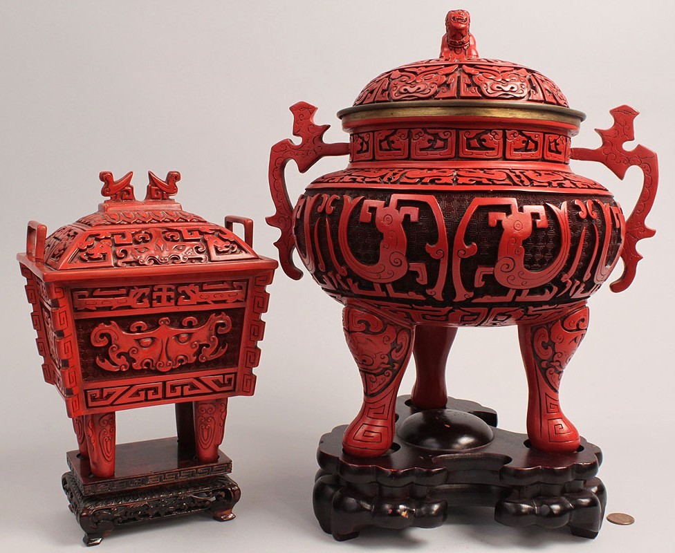 Lot 442: Two Cinnabar type Incense Boxes w/ Hardwood Stands