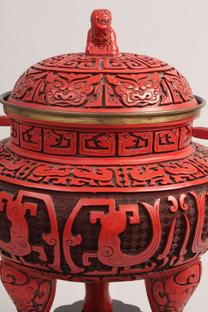 Lot 442: Two Cinnabar type Incense Boxes w/ Hardwood Stands