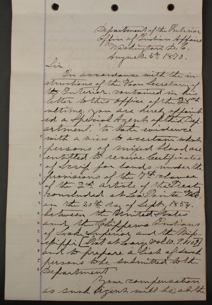 Lot 502: Dept. of Interior document, Chippewa Indians