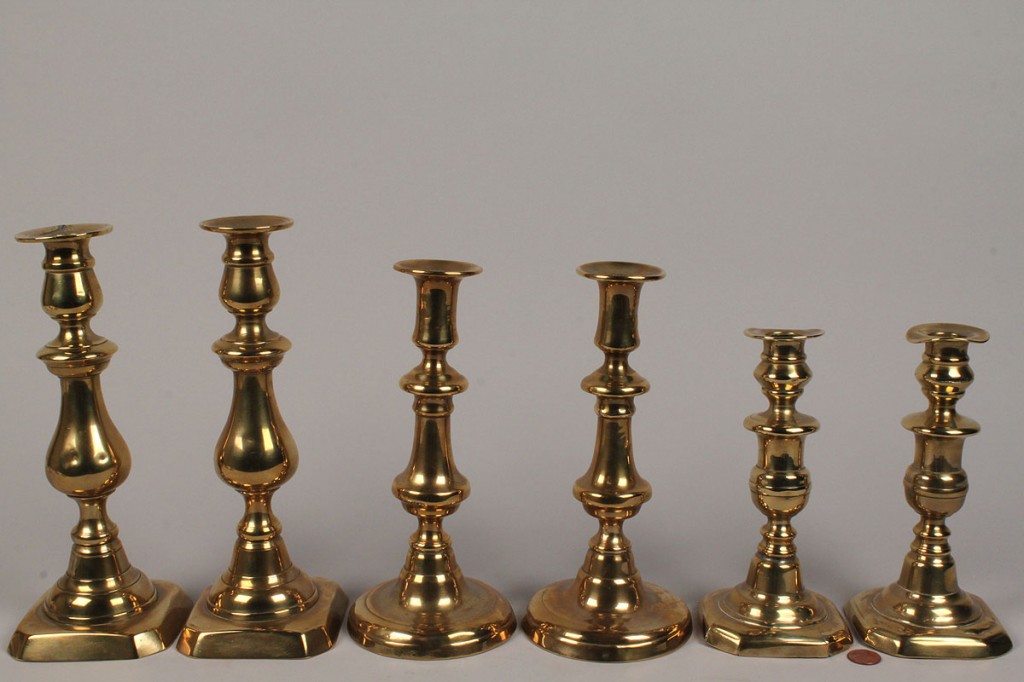 Lot 504: Lot of 3 Pairs of Brass Candlesticks