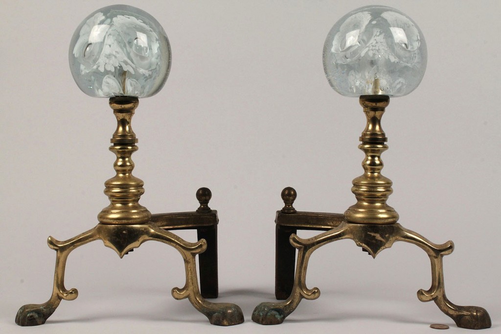 Lot 505: Pair of Andirons w/ Paperweight Finials
