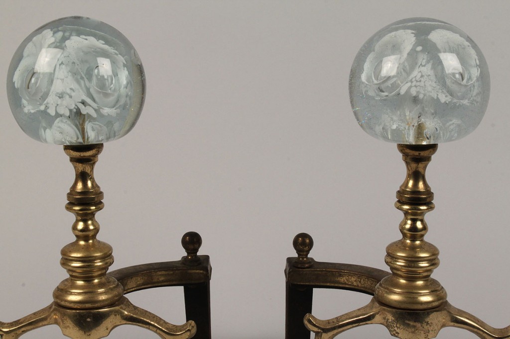 Lot 505: Pair of Andirons w/ Paperweight Finials