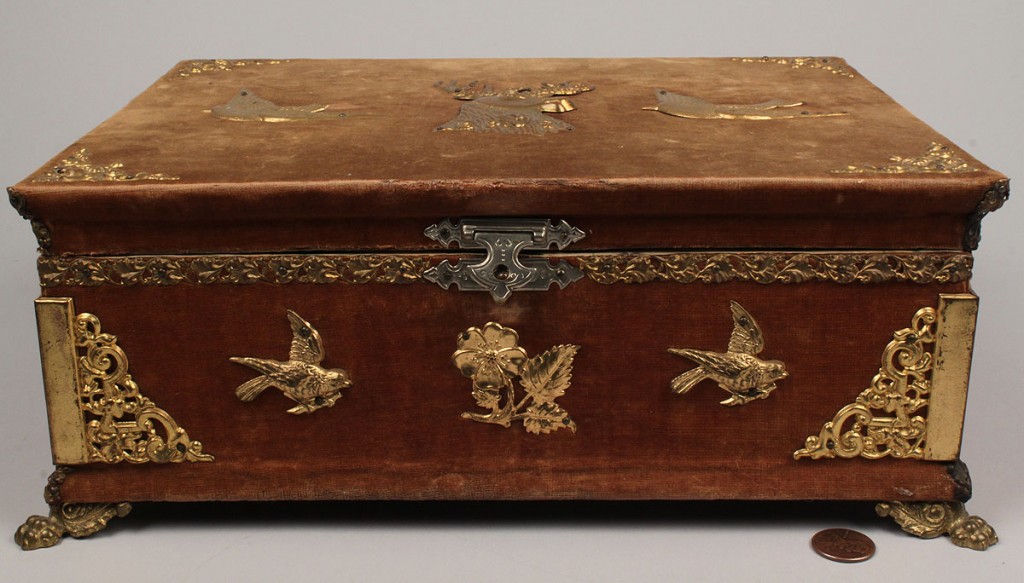 Lot 548: Velvet sewing box with assorted tools