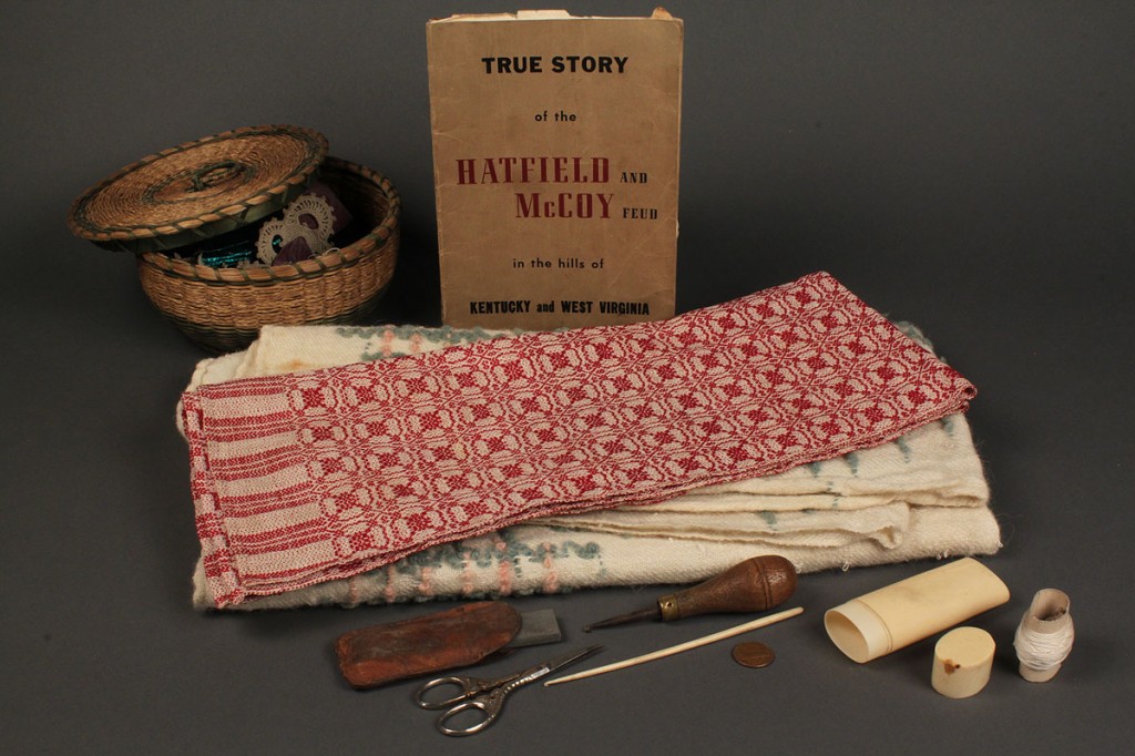 Lot 565: Lot of textiles, sewing items & Hatfield & McCoy book