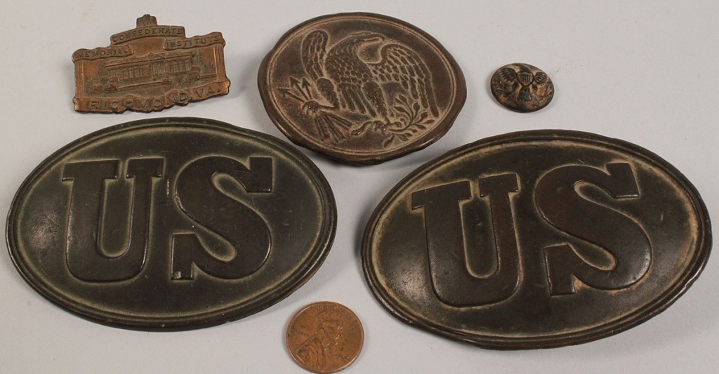 Lot 57: Five Civil War Items including US buckles and breastplate