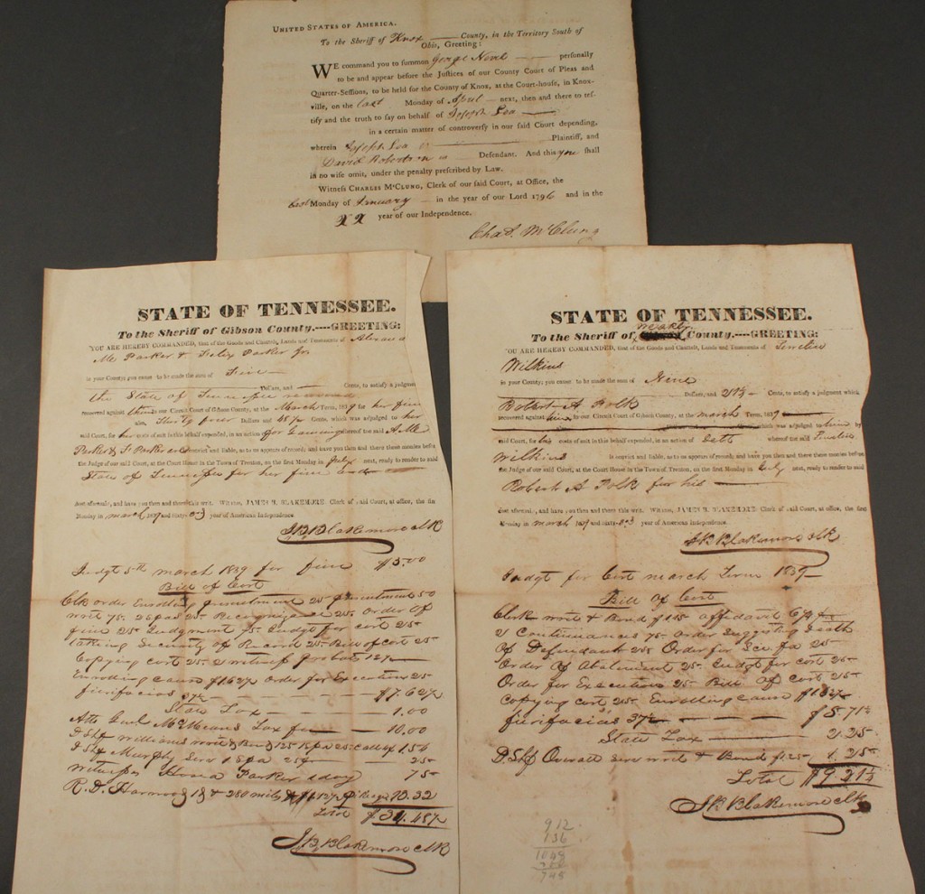 Lot 587: 3 early TN documents, Knox & Gibson counties
