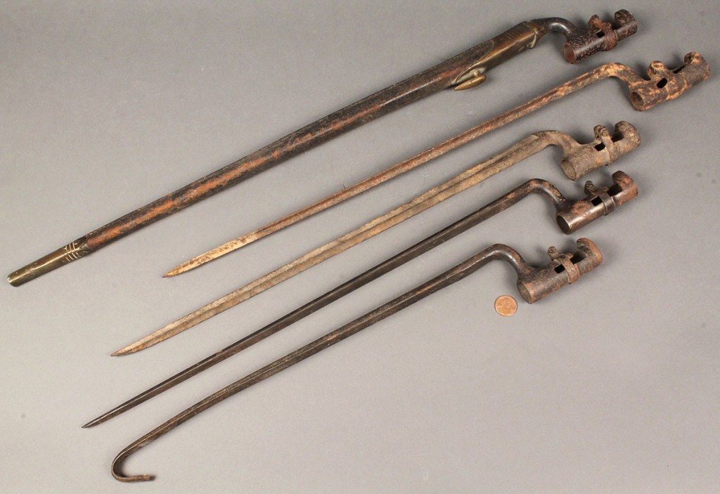 Lot 59: Lot of 5 Bayonets, one in leather scabbard