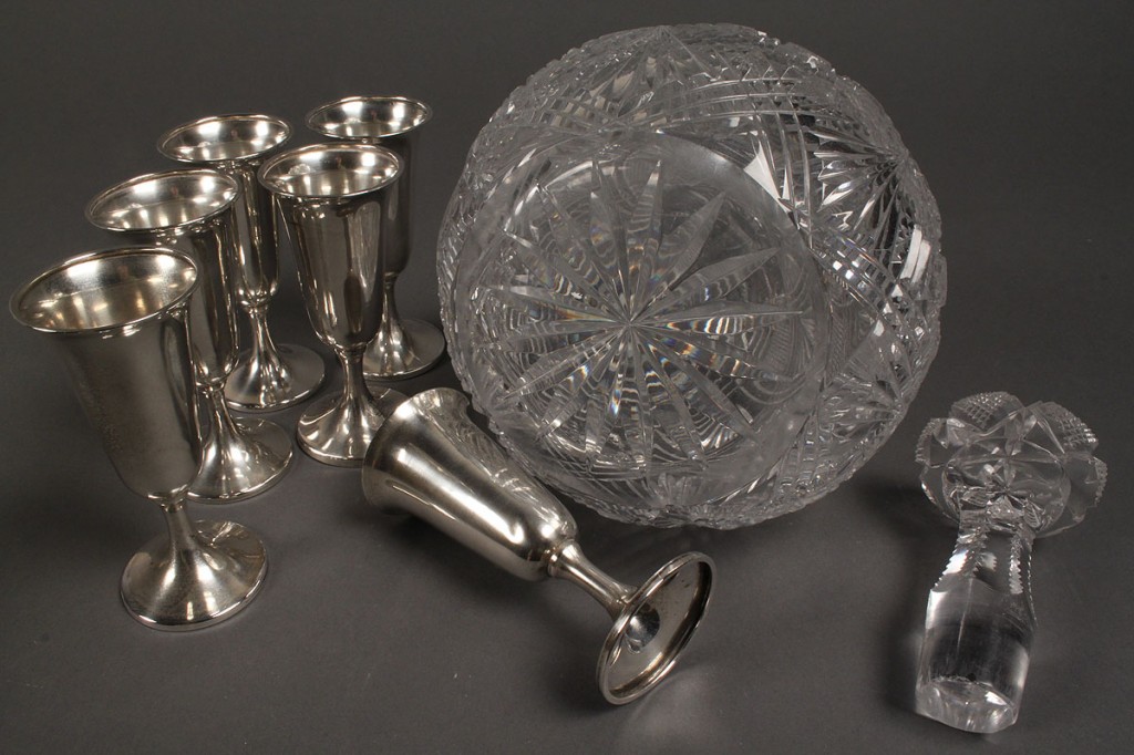 Lot 649:  6 Sterling Cordials & Cut Glass Decanter with sterling tag
