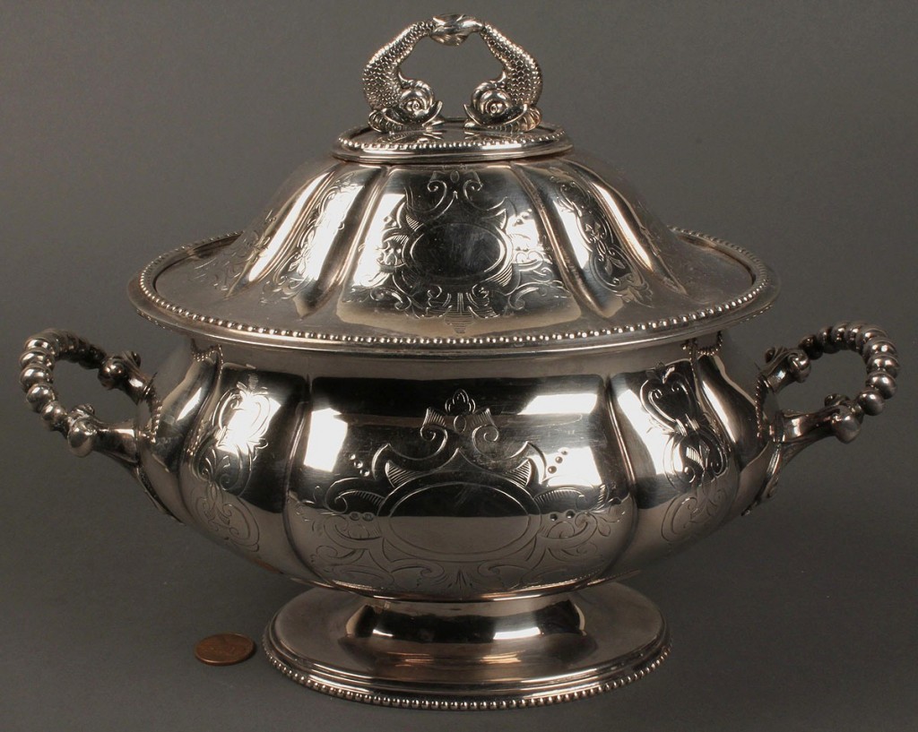 Lot 652: Classical Silverplated Tureen with Dolphin Finials