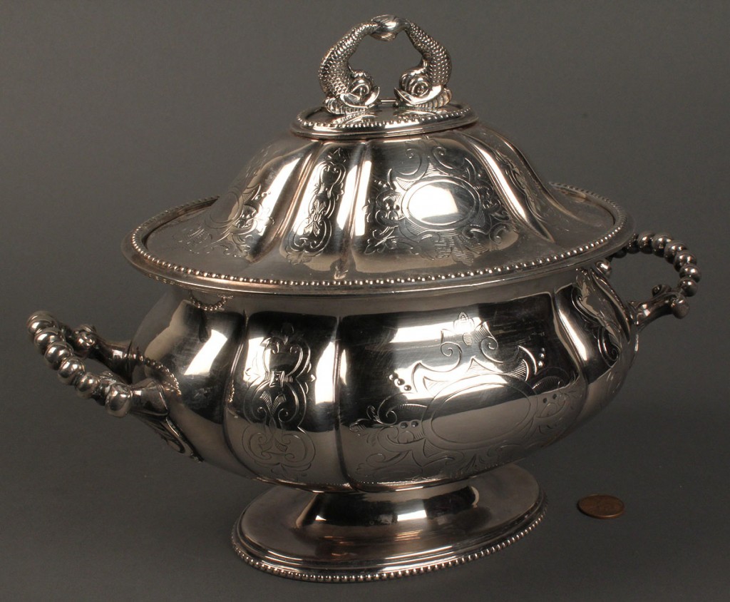 Lot 652: Classical Silverplated Tureen with Dolphin Finials