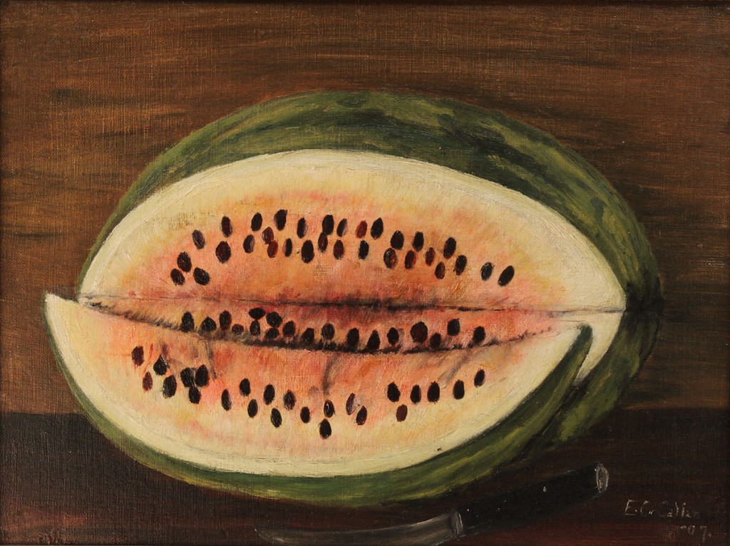 Lot 661: Folk Art Oil on Canvas, Watermelon Still Life