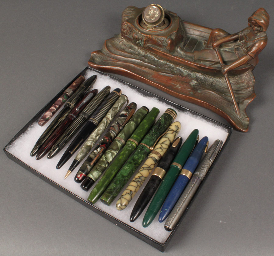 Lot 672: Bronze Inkwell & 15 Vintage Fountain Pens