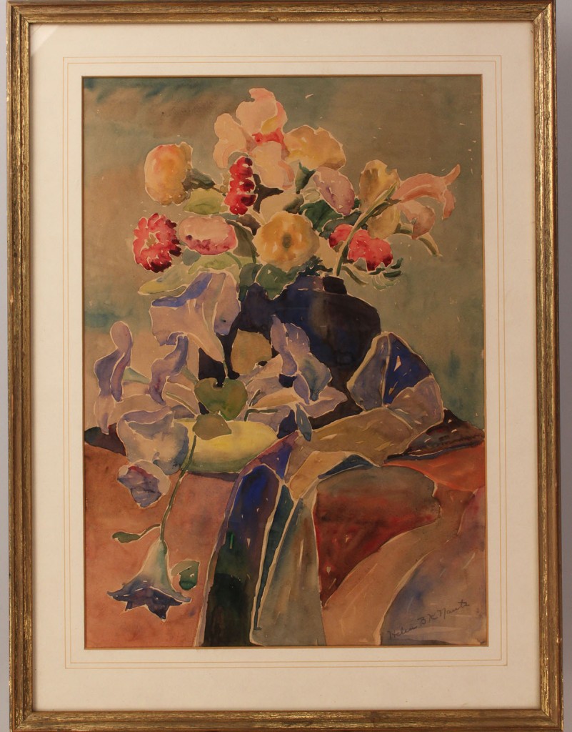 Lot 696: Watercolor still-life with flowers & 2 English etchings