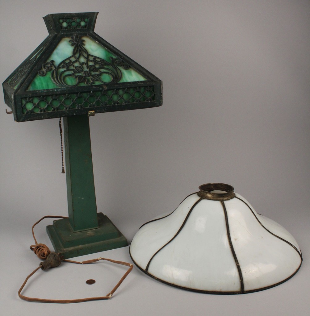 Lot 713: Mission Style Slag Glass Lamp & Shade
