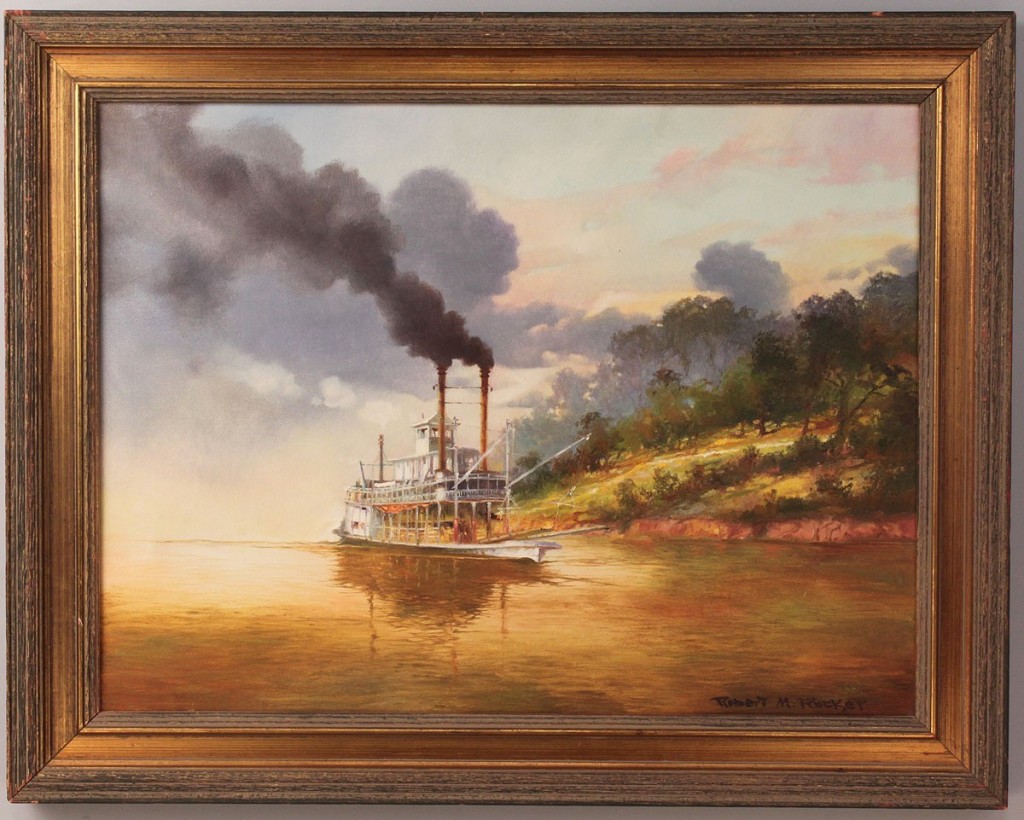 Lot 79: Robert Rucker Oil on Canvas, Steamboat at Sunset