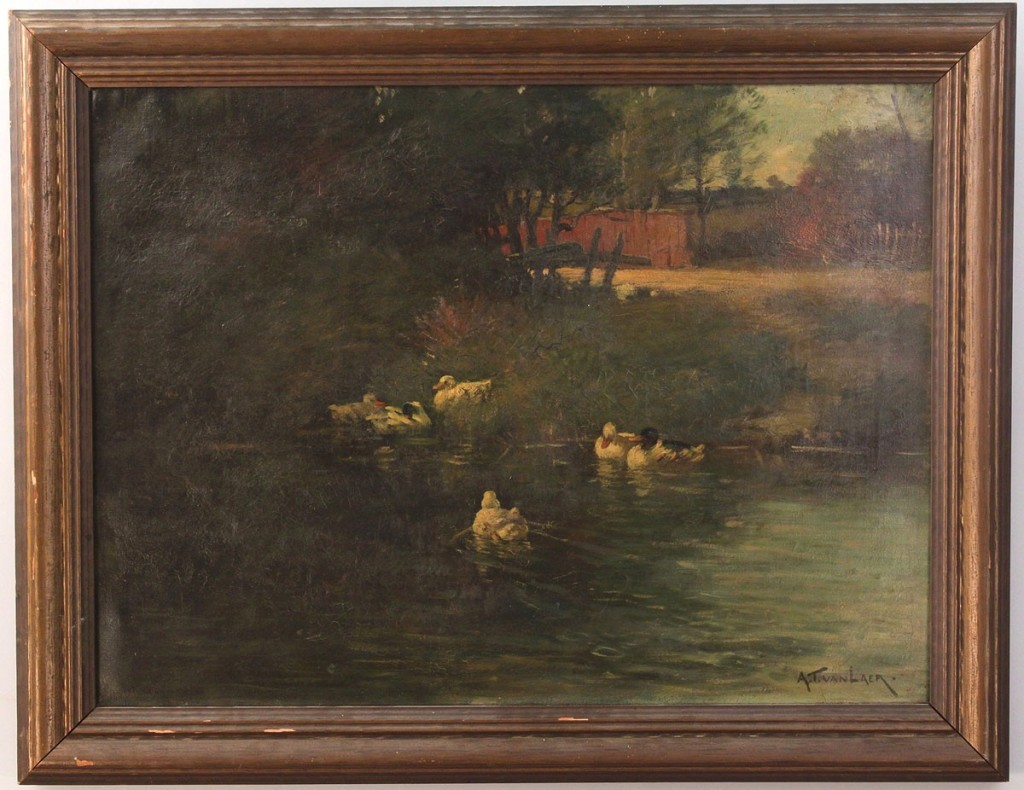 Lot 85: Alexander Van Laer, oil on canvas, Ducks in Stream