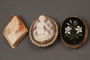 Lot 100: 2 antique cameos and a mosaic brooch