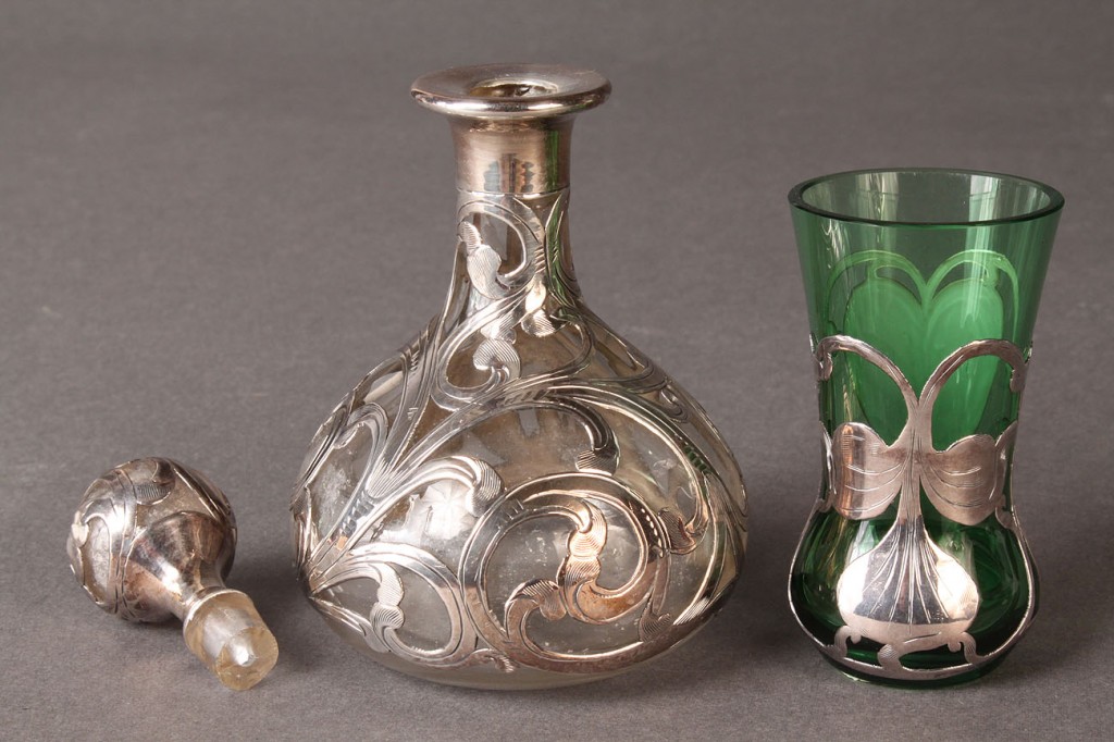 Lot 115: Sterling Overlay Perfume Bottle and Cordial Glass,