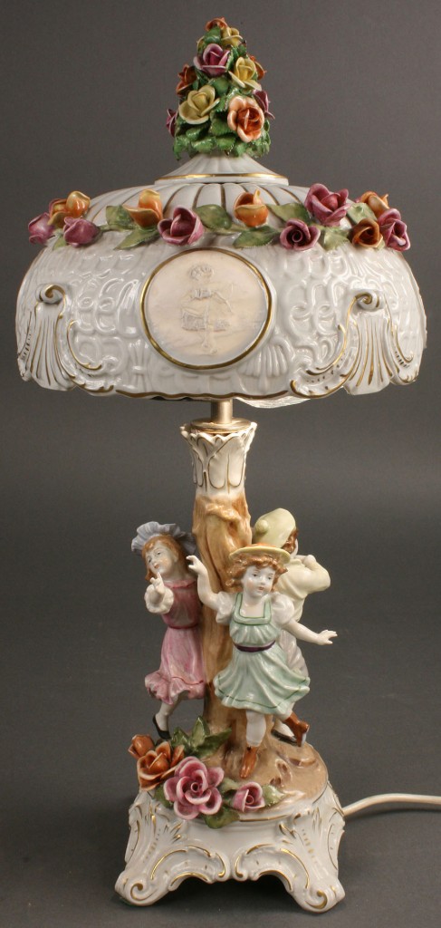 Lot 121: Porcelain Handpainted Lamp with Lithopane Shade