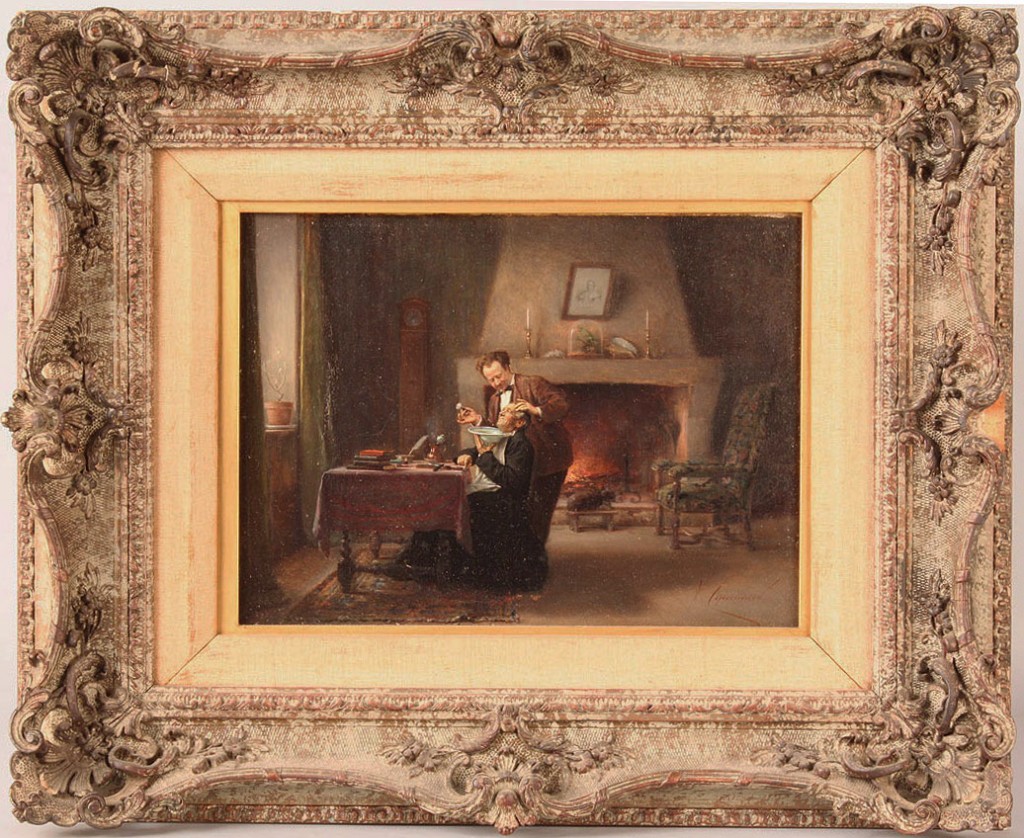 Lot 174: Vincent Chevilliard oil on board, Man being shaved