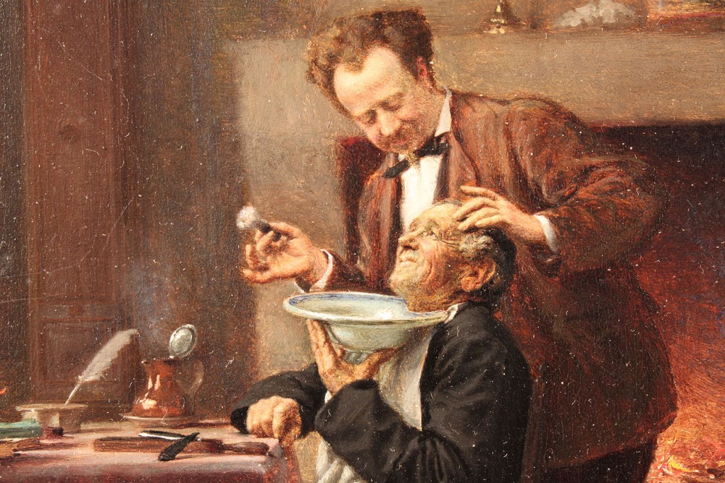 Lot 174: Vincent Chevilliard oil on board, Man being shaved