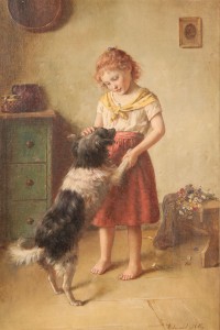 Lot 176: Edmund Adler oil on canvas, Girl with dog