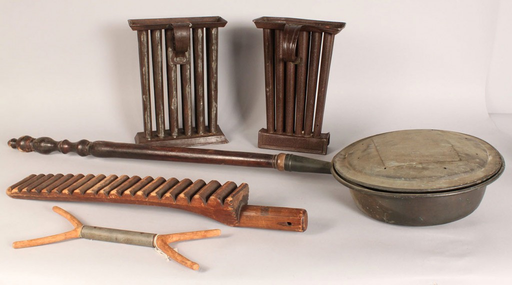 Lot 223: Tin candle molds, bedwarmer & other primitives, lo
