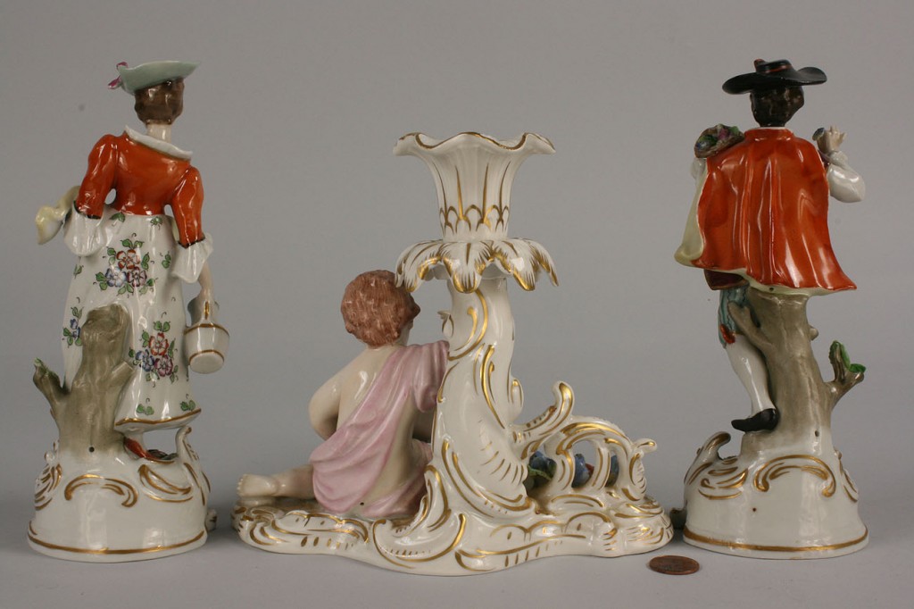 Lot 257: Pr of Sitzendorf Figurines & Dresden candlestick