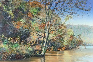 Lot 277: Edward Kellogg oil painting, Autumn lake scene