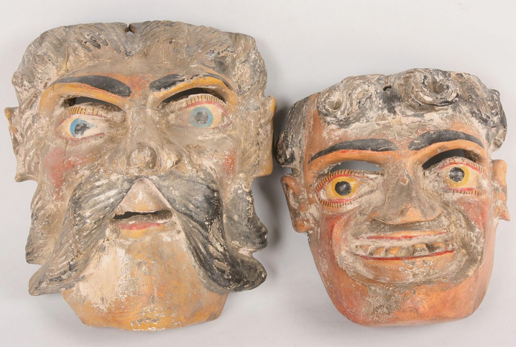Lot 339: 2 Mexican Folk Art Viejo Masks, males with facial