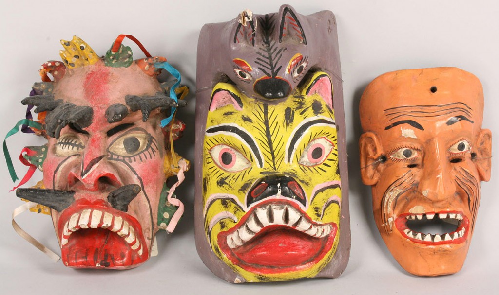 Lot 340: 3 Mexican Folk Art masks, Viejo, Animal, and Demon