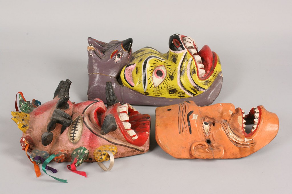 Lot 340: 3 Mexican Folk Art masks, Viejo, Animal, and Demon