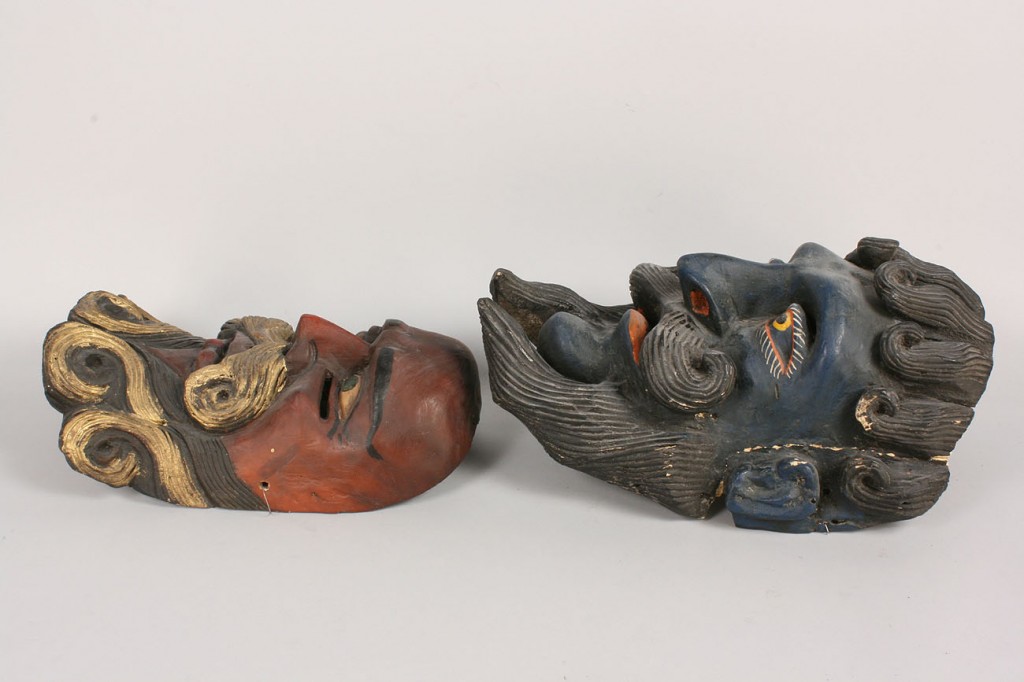 Lot 342: Pr Mexican Folk Art Moor masks, red and blue beard