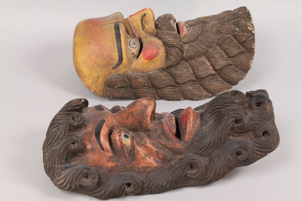 Lot 343: Pr Mexican Folk Art Moor masks, yellow and pink b