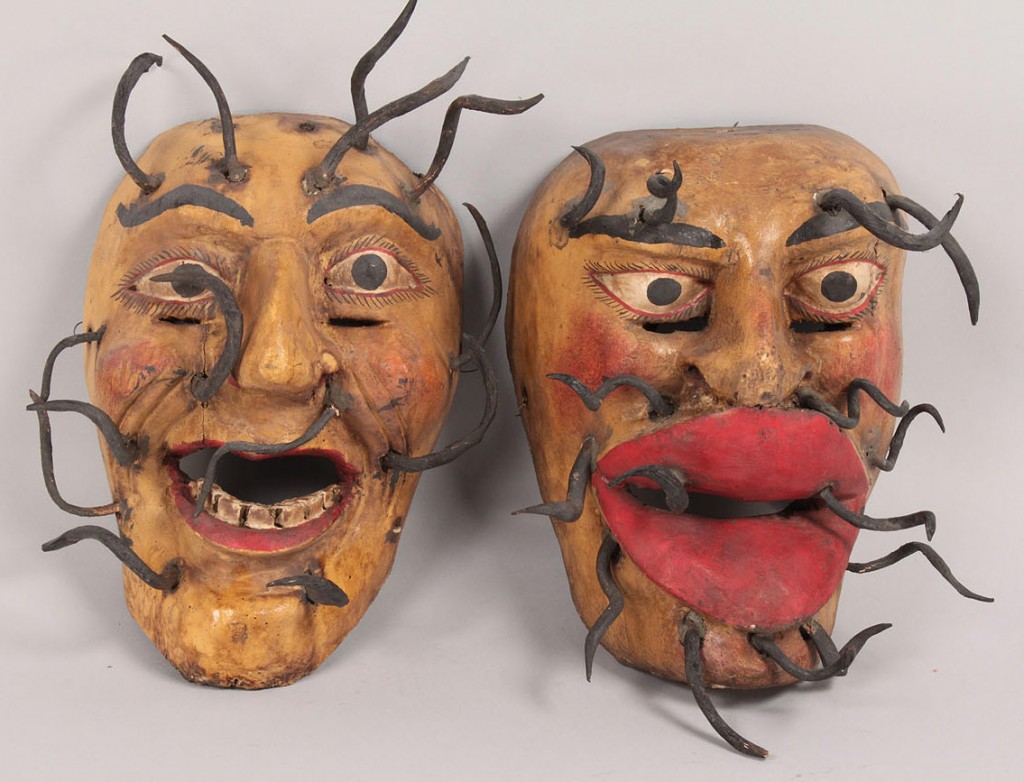 Lot 347: Pr Mexican Folk Art Golden Duo Dance masks