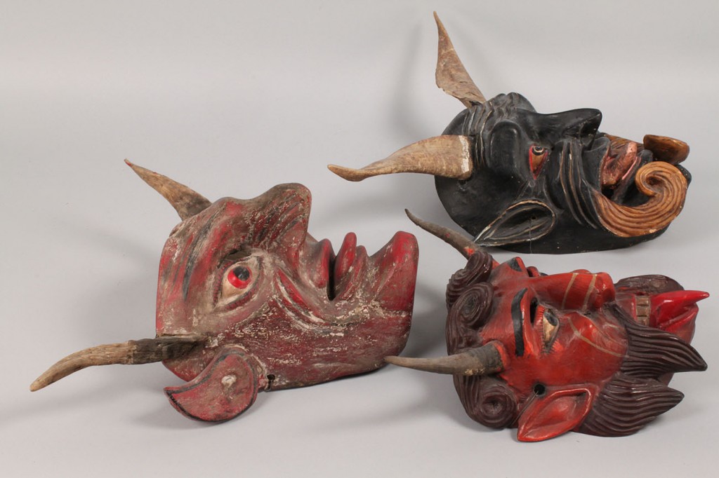Lot 349: 3 Mexican Folk Art Diablo Dance Masks, Devil Forms