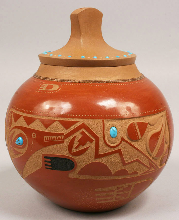 Lot 364: Red glazed & Turquoise Pot with lid by Tony Da