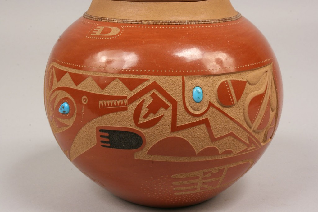 Lot 364: Red glazed & Turquoise Pot with lid by Tony Da