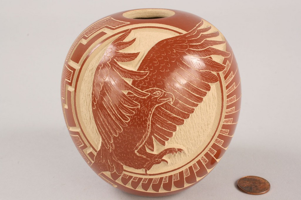 Lot 369: Santa Clara redware eagle pot by Wallace Youvella