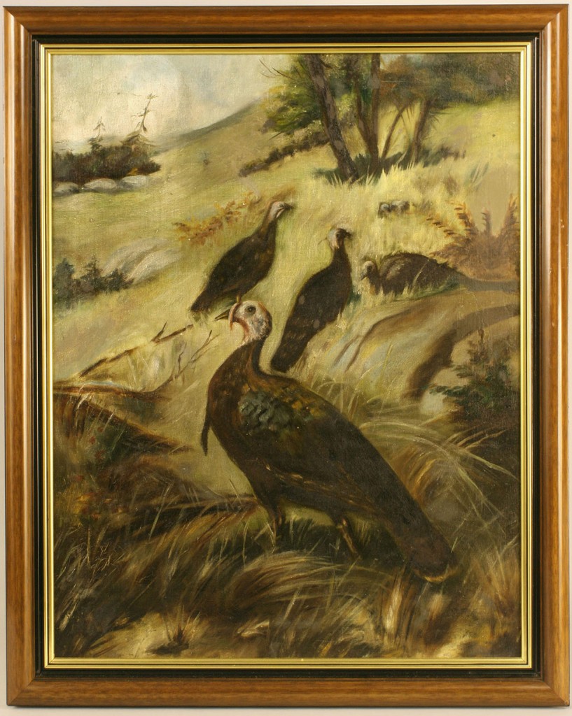Lot 380: Folk Art Oil on Board of Turkeys