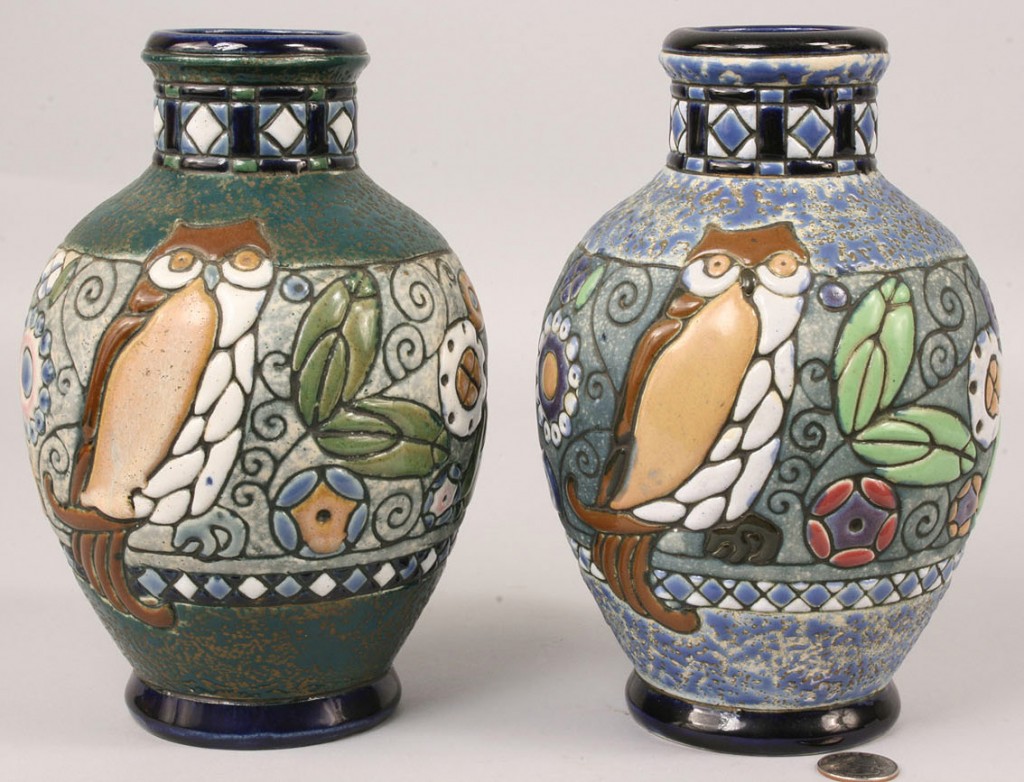 Lot 392: Amphora Vases with Owls, pair