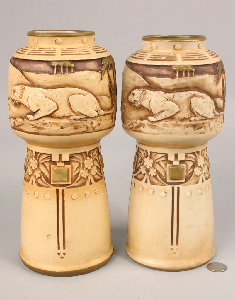 Lot 393: Pair Amphora Leopard Vases, artist signed