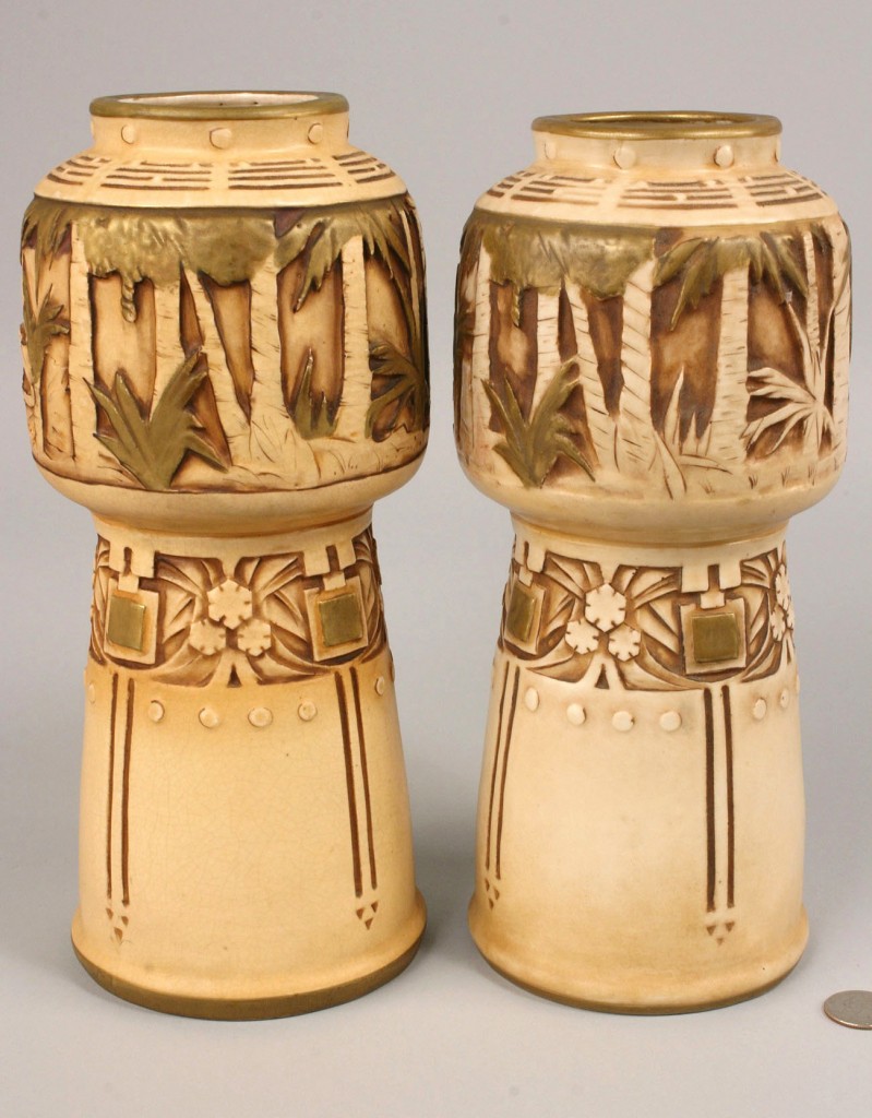 Lot 393: Pair Amphora Leopard Vases, artist signed