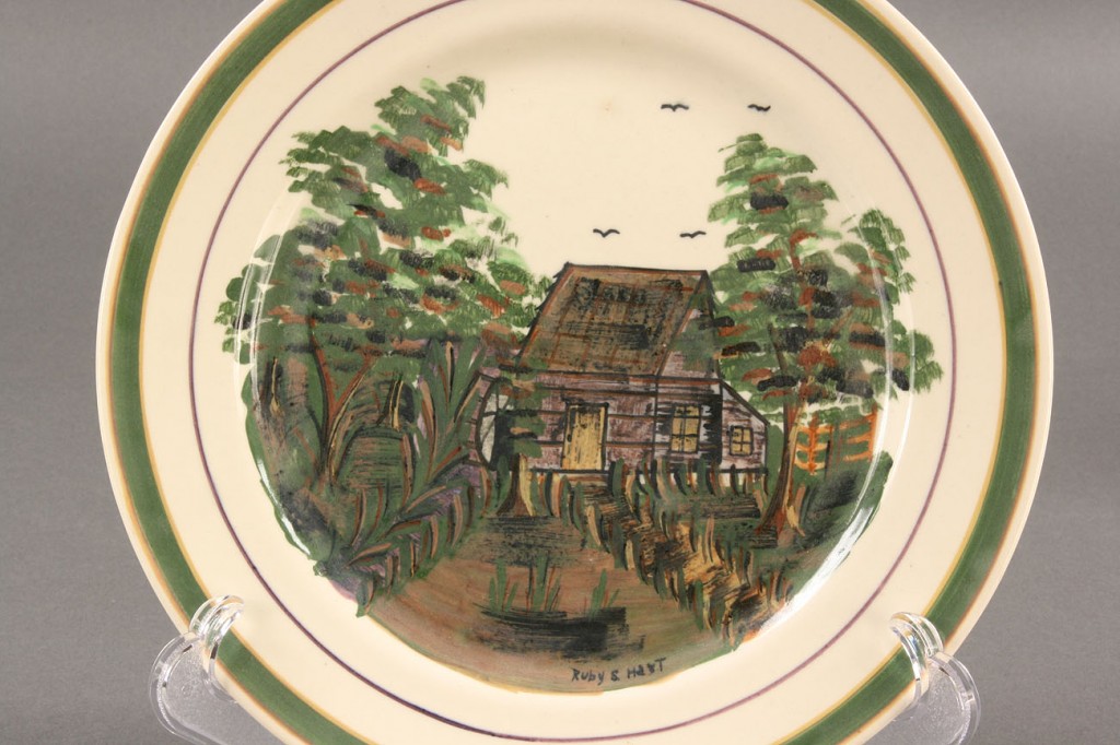 Lot 404: Blue Ridge Porcelain Cabin Scene plate, sgd Hart