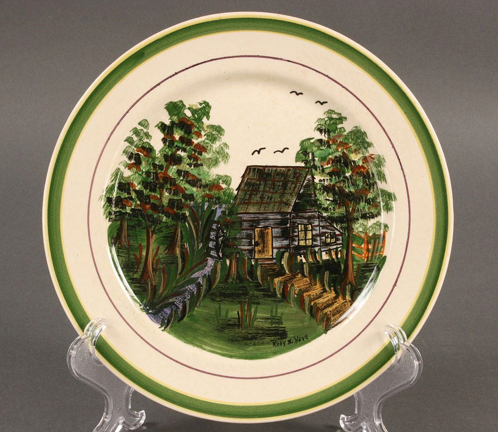 Lot 405: Blue Ridge Porcelain Cabin Scene plate, sgd Hart
