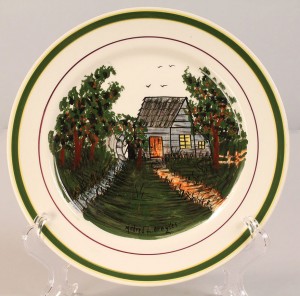 Lot 406: Blue Ridge Porcelain Cabin Scene plate, sgd Broyle