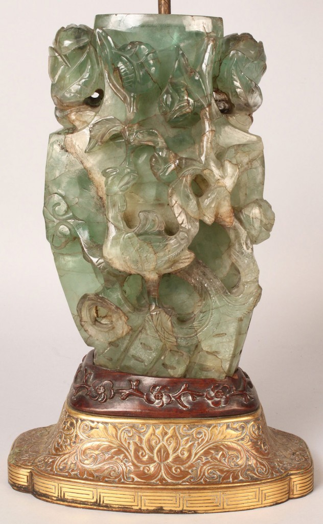 Lot 432: Asian Carved Jade or Rock Crystal Vase, fitted as