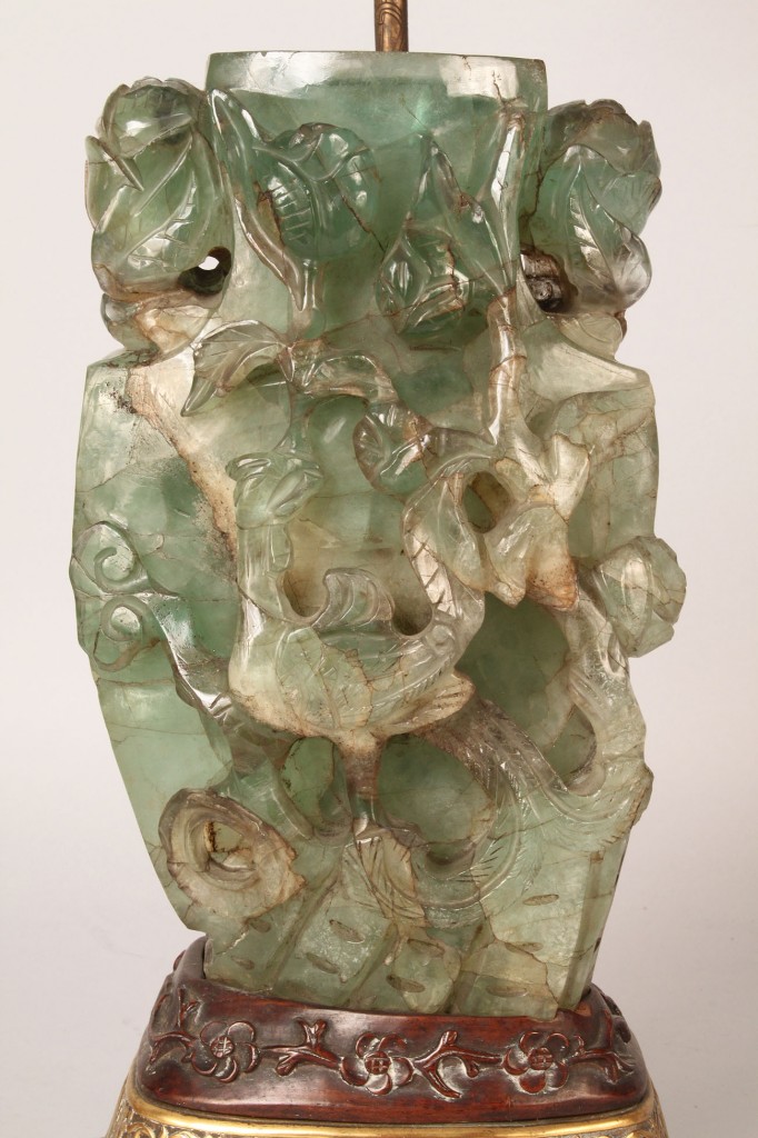 Lot 432: Asian Carved Jade or Rock Crystal Vase, fitted as