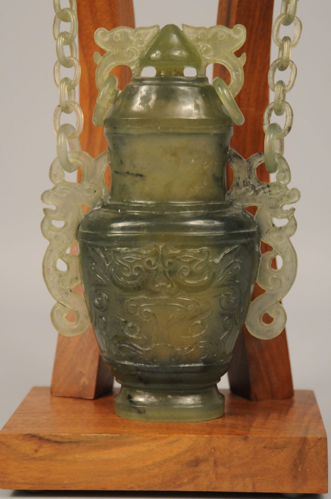 Lot 433: Asian Green Jade Hanging Chain Vase