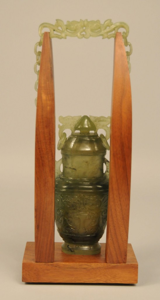 Lot 433: Asian Green Jade Hanging Chain Vase